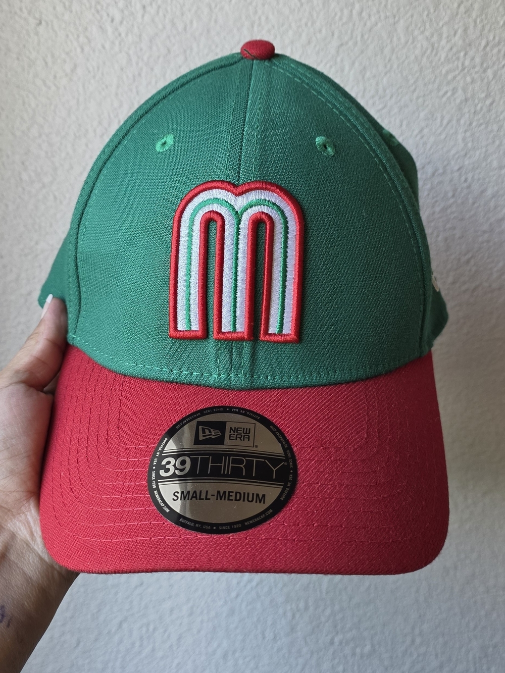 New Era Green and Red 39THIRTY Curved Brim Cap with Multicolor M Patch